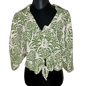 Panama Jack Top Linen Blend Cropped Button Front Tie Hem Shirt Green White Small